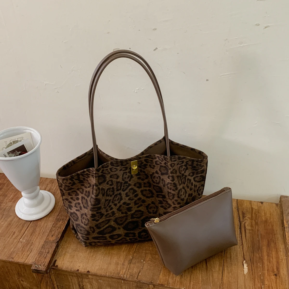Women'S Bags Handbags - Kadınlar için Retro Leopar Desenli Süet